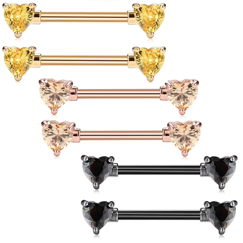 

GAGABODY 1 Pair 14G 316L Surgical Steel Heart Nipple Shield Barbell Gold Rose Gold Black CZ 14mm Body Jewelry