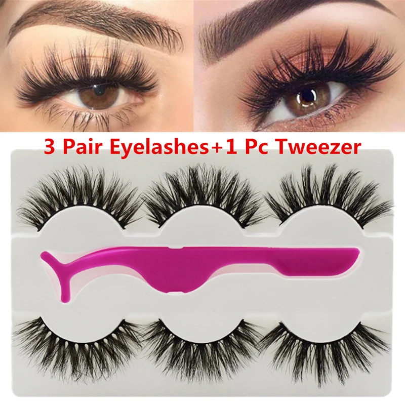 

3 Pairs False Eyelashes Wispy Fluffy Thick Long Fake Eye Lashes With 1 Pc Tweezer Handmade Natural Eye Extension Beauty Tools