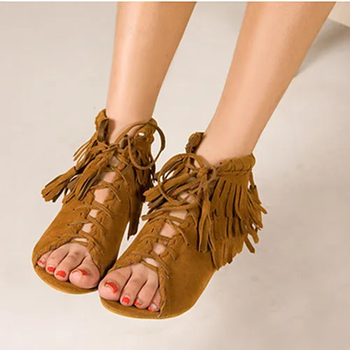 

High-top Sandals Fringed Flat Sandals Summer Peep Toe Holiday Comfortable Leather Sandal Unif Shoes Gladiator Lace-Up Casual