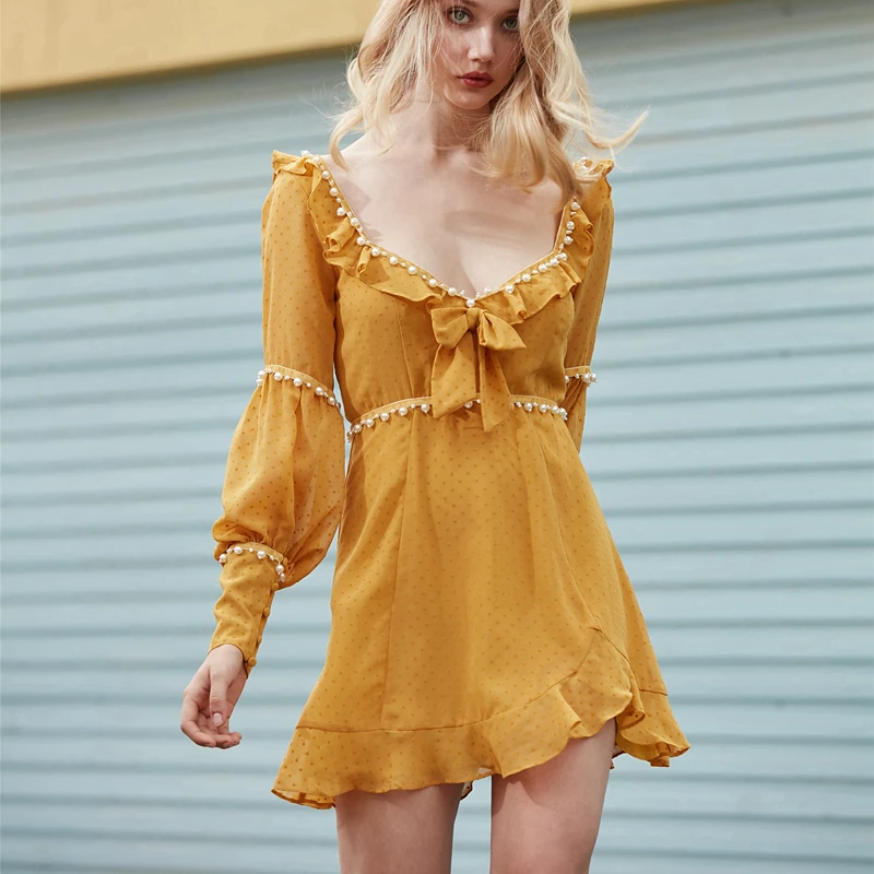 2019 High Quality FOR LOVE Style Runway Dress Women Sexy Backless Polka Dot Beading Ruffles Mini Female Holiday Party | Женская одежда