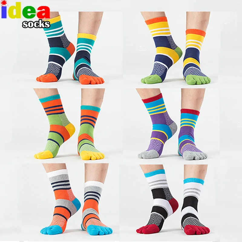 

Mens Summer Cotton Toe Socks Striped Contrast Colorful Patchwork Men Five Finger Socks Free Size Basket Calcetines