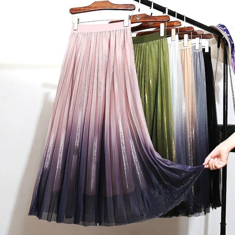 

Metallic Tulle Gradient Mid Calf Long Skirts High Quality Silk Touch Discolored Mesh A-line Long Pleated Skirts Gray Pink