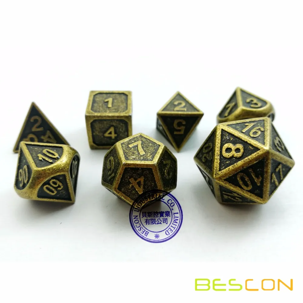 Bescon стиль древний латунный твердый металлический многогранный D& D игральные кости Набор из 7 латунных металлических ролевых игр игральные кости 7 шт. набор D4-D20