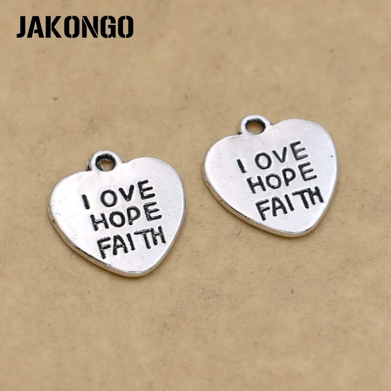 Antique Silver Plated Love Hope Faith Heart Charms Pendants for Jewelry