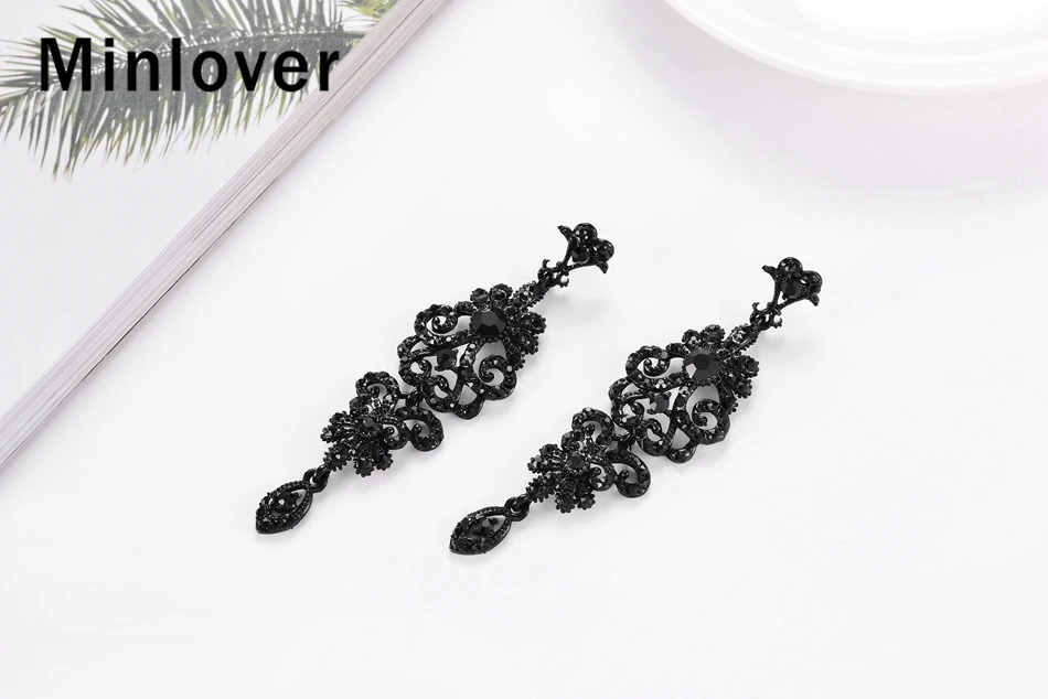 Minlover, корейские винтажные длинные висячие серьги с черными кристаллами для женщин, стразы, серьги-капли,, свадебные ювелирные изделия MEH948