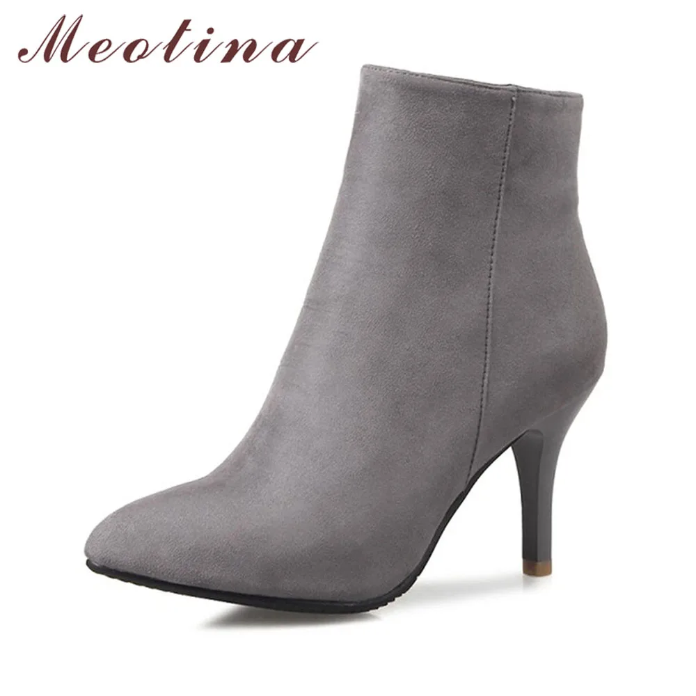 Meotina/Дизайнерские женские ботильоны ботинки на высоком каблуке изящная обувь с острым носком на тонком высоком каблуке женские ботинки на молнии, серый, красный цвет, большие размеры 12, 46