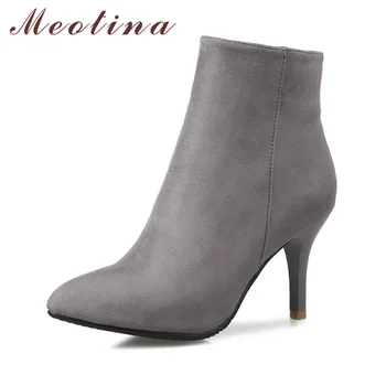 

Meotina Design Women Ankle Boots High Heel Boots Grace Pointed Toe Thin High Heel Shoes Ladies Boots Zip Gray Red Big Size 12 46