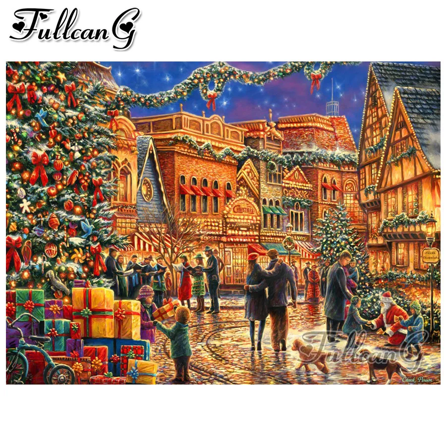

FULLCANG christmas town full square/round drill 5d diy diamond embroidery rhinestones painting diamond mazayka landscape FC1713