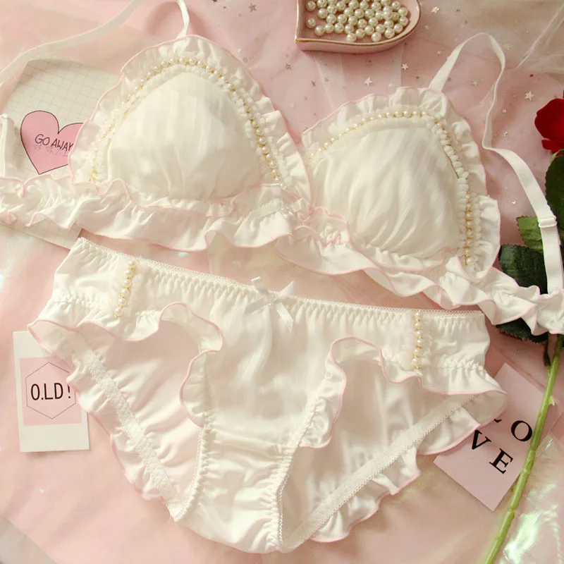 

Japanese lolita stripe milk silk princess pearl girl heart without rims white bra underwear suits culotte femme lingerie set