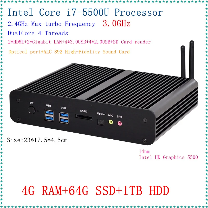 Hot New Intel Core i7 5500U Mini PC Windows 10 Mini Computers 4GB RAM 64GB SSD 1TB HDD Intel i7 Dual LAN 4K HD PC Portable