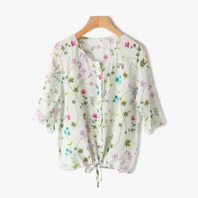 Women’s print silk shirt 2017 summer lady blouse top drawstring waist