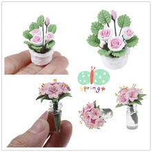 Кукольный домик игрушка мини Поддельные растения Цветок Розовая Лилия стеклянная бутылка Цветочная композиция кукольный домик Мебель Миниатюрные 1:12 аксессуары