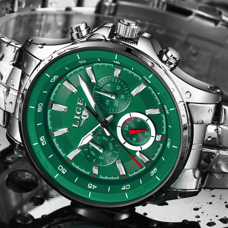  LIGE fashion new sports men's watch men's quartz watch waterproof and shockproof steel belt green m