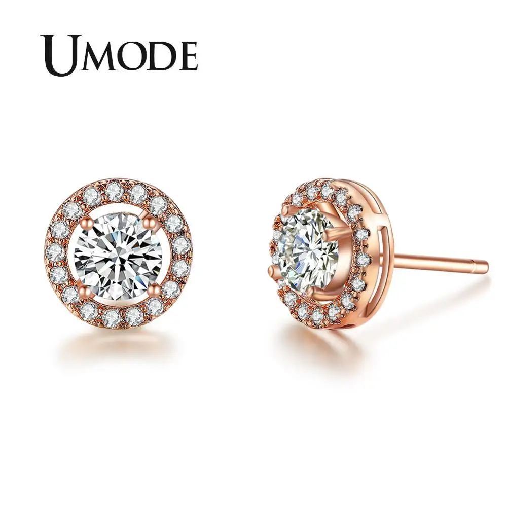 Женские простые серьги гвоздики UMODE маленькие из розового золота с цирконием