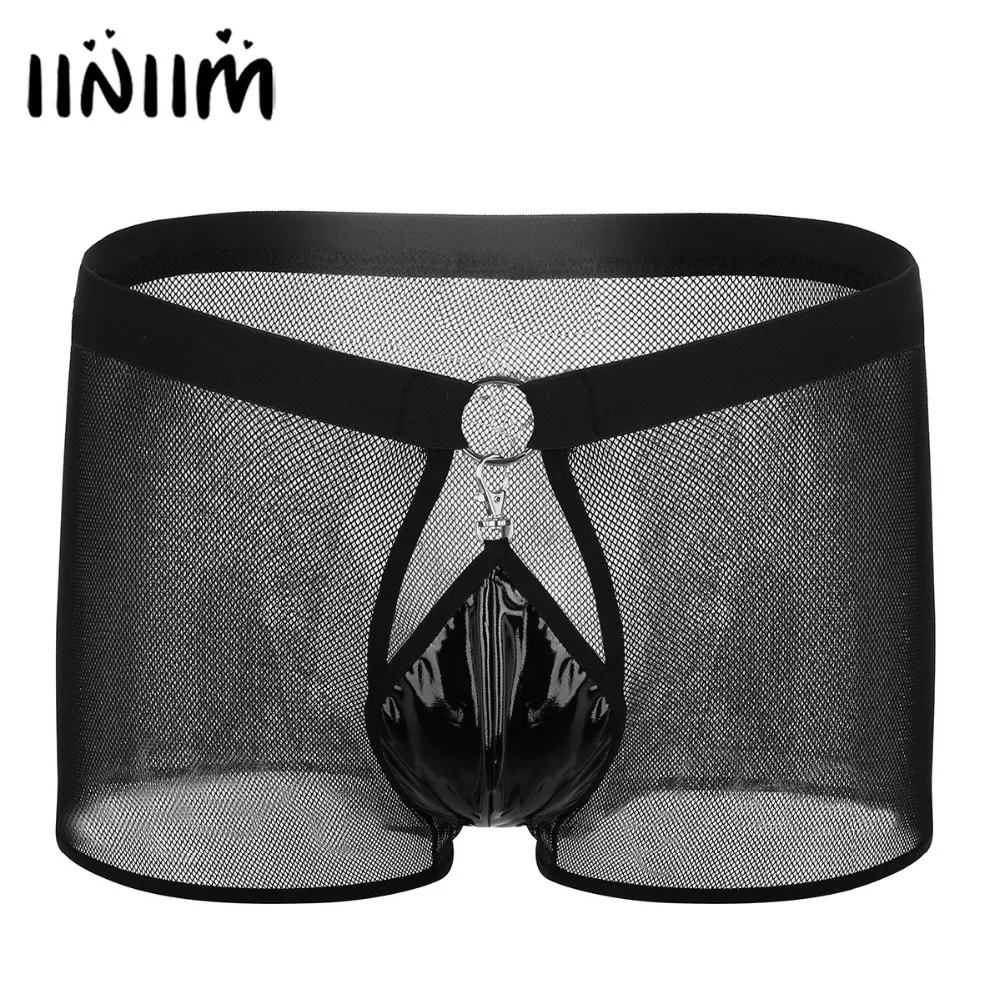 

Men Sexy Panties Gay Jockstrap See Through Fishnet Breathable Mesh Wetlook Low Rise Boxer Shorts Underwear with Open Front Pouch