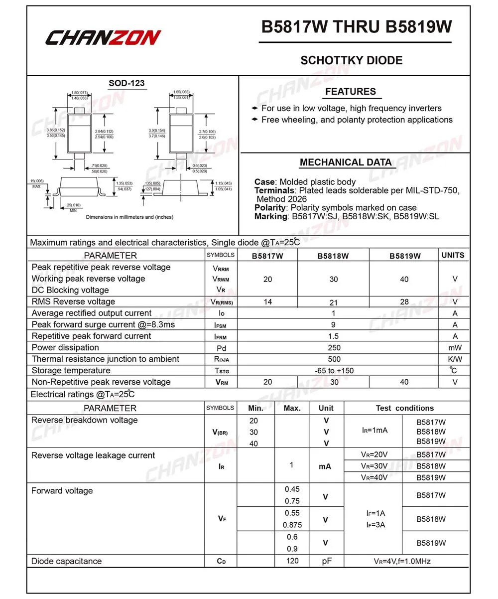 (100 шт.) B5819W SMD Диоды выпрямителя барьера Шоттки 1A 40 в SOD 123 1 а В (маркировка SL)|Диоды| |
