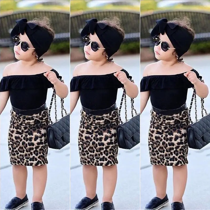 

Toddler Kids Baby Girl Off Shoulder Solid Tops Leopard Sheath Dress Skirt+Headband 3 PCS Casual Clothes 1-6 Years