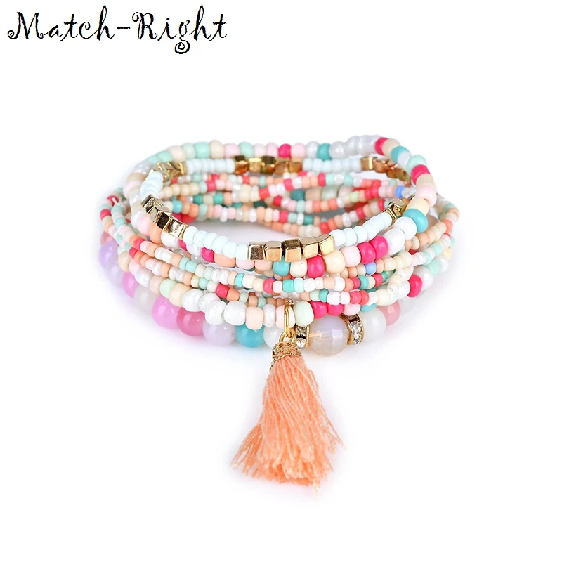 

Match-Right Women Bohemia Jewelry of Multilayer Elastic Weave Set Bracelets & Bangles with Tassel Charm Wrap Bracelet LG-076