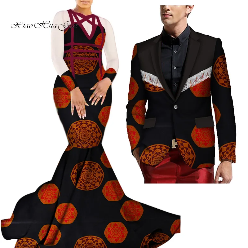 African Mermaid Bazin Riche Dresses for Couples Dashiki African Couple Clothing Women's Dress+Men's Blazer 2 Pieces Set WYQ275 - Color: 18