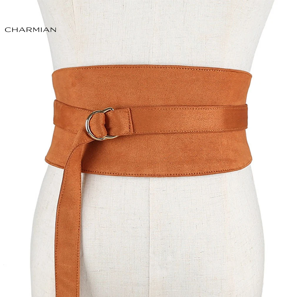 

Charmian Fashion Camel Faux Suede Leather Wide Waist Cincher with Adjustable Belt and Alloy Buckle Waist Belt
