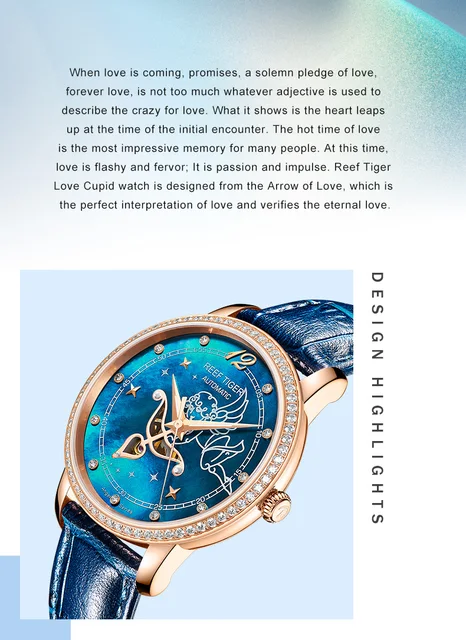 New Reef Tiger/RT Fashion Womens Watches Blue Dial Rose Gold