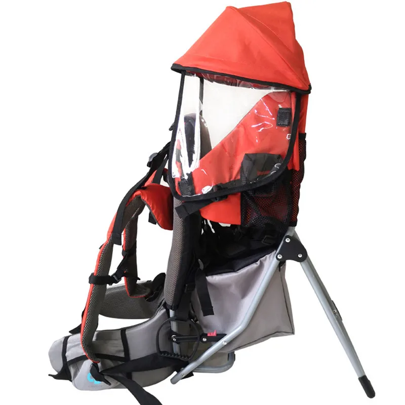 Foldable Baby Travel carrier Waterproof Baby Toddlr Hiking Backpack Outdoor Mountaineering Shade Carrier-Original Frame Chair - Color: Red