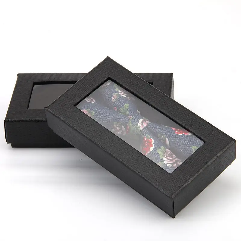 

100pcs/lot Black cover paper packing box with plastic pvc window wig gift wallet tie packaging paper carton box