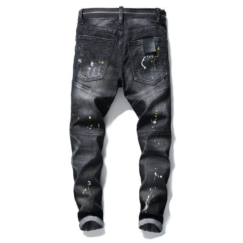 Mcikkny Fashion Pleated Distressed Denim Jeans Trousers Washed Slim Straight Jeans Pants Patchwork Streetwear For Male  (4)