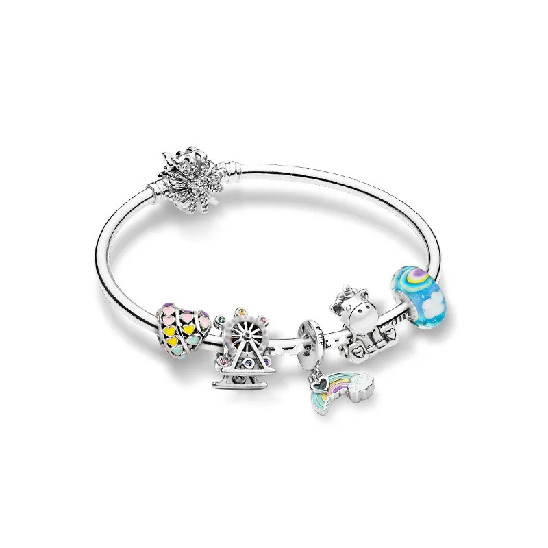 

925 Sterling Silver Pandora Bangle Sparkling Star With Crystal Clasp Snake Chain Bracelet Bangle Fit Bead Charm Diy Jewelry