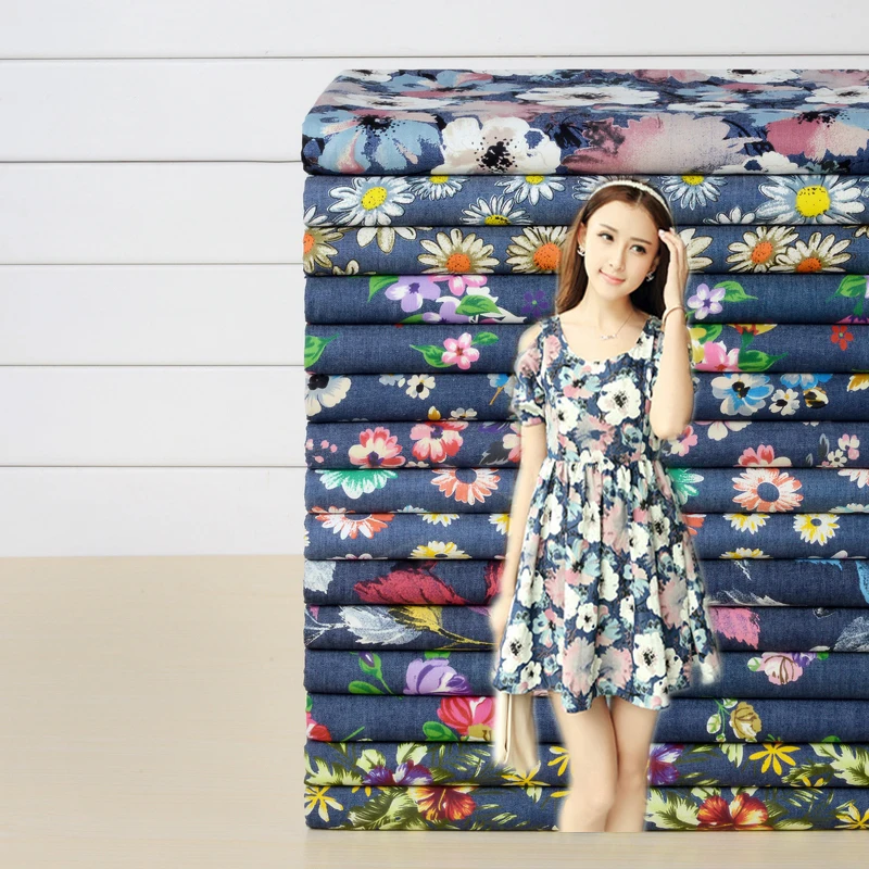 

Thin Soft Spring and Summer Denim Fabric Printined Retro Flower Chrysanthemum FlowerSewing Material Diy Women Girl Dress