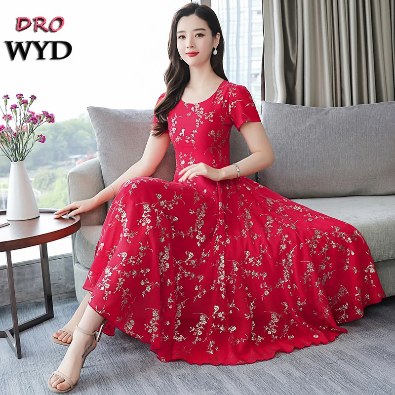 

Hot Sale Women Chiffon Print Maxi Dress Plus Size Casual Red Draped O-neck Big Swing Beach Boho Banquet Party Dresses Vestidos