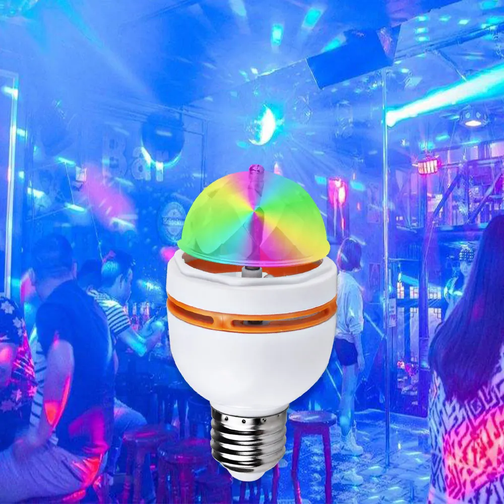 Полноцветный 3 Вт мини E27 RGB светодиодная автоматическая вращающаяся лампачка для сцены диско dj лампа для 85- 265 В праздника баров и освещения КТВ