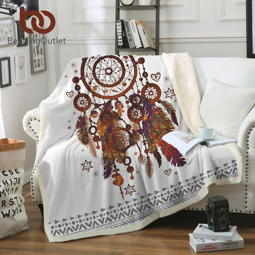 

BeddingOutlet Velvet Plush Throw Blanket Hipster Watercolor Sherpa Blanket for Couch Dreamcatcher Feathers Printed Soft Throw