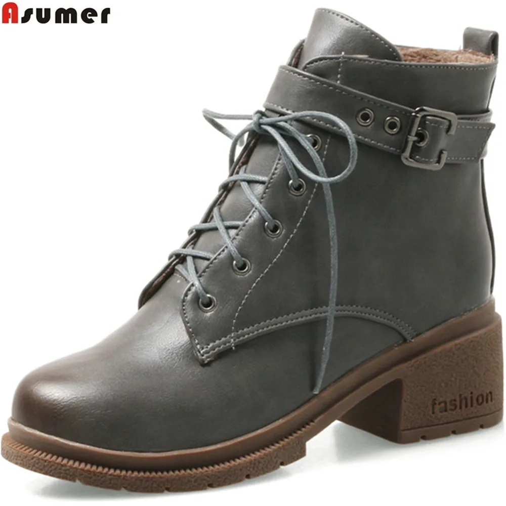 

ASUMER fashion new arrive women boots round toe zipper ladies boots high quality pu square heel ankle boots cross tied