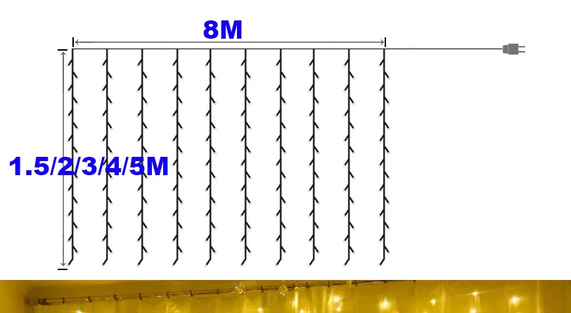 8 м x 3 м светодиодный оконный занавес, гирлянда, рождественские украшения, свадебные сказочные огни, вечерние, новогодние, праздничные, уличные