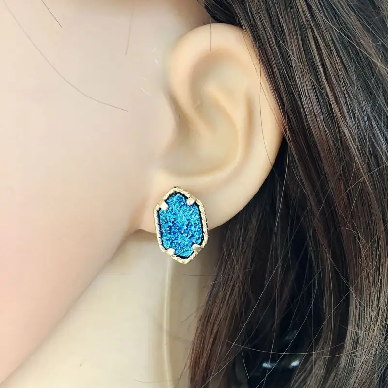 

10 Colors Drusy Druzy Stud Earrings Hexagon Resin Kallaite Howlite Stone Gold Colour Cute Brand Jewelry for Women