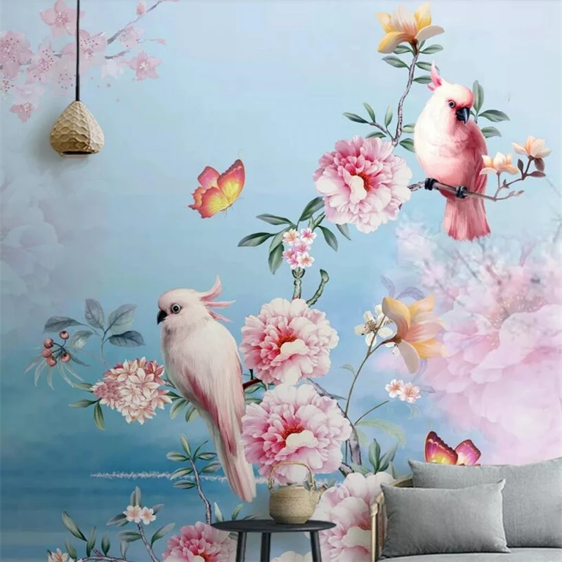 beibehang Vintage mural wallpaper bird flower floral parrot TV