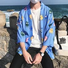 Cartoon Printed Open Stitch Three Quarter Kimono Jacket Men 2018 Summer Men's Kimono Jackets