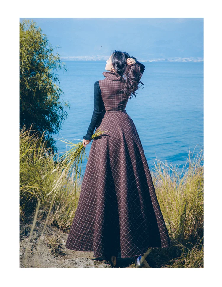YOSIMI, Осень-зима, винтажный женский костюм из двух частей, женский шерстяной костюм длиной до щиколотки, черная блузка+ Макси клетчатый жилет, длинное платье