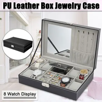 

8 Grids+3 Mixed Grids PU Leather Watch Case Storage Organizer Luxury Jewelry Ring Necklace Display Watch Black Boxes With Mirror