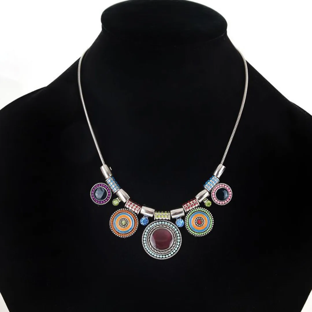 Vintage Charms Multi Color Round Pendant Necklace Bohemia Rhinestone Beads Long Chain Necklace collier For Women Summer Jewelry