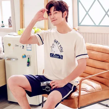 

Summer Knitted Cotton Short Sleeved Men's Pajamas Sets Male Pajama Set Letter Pajama For Men Sleepwear Suit Homewear Size xXXXL