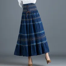 2019 New Spring Summer Woman Vintage High Waist Solid A Line Denim Long Pleated Skirt Elastic Waist Loose Lace Up Long Skirt 2019 New Spring Summer Woman Vintage High Waist Solid A Line Denim Long Pleated Skirt Elastic Waist Loose Lace Up Long Skirt