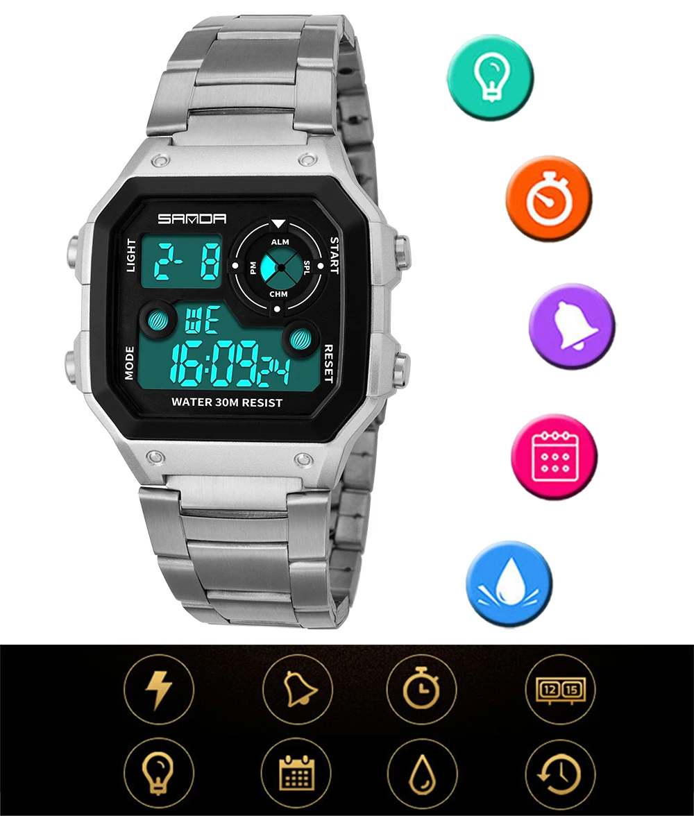 SANDA, спортивные часы, мужские часы, светодиодный, цифровые наручные часы для мужчин, часы, квадратные, нержавеющая сталь, электронные наручные часы, часы