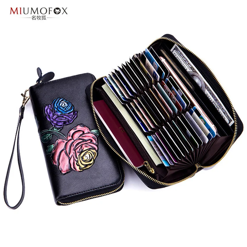 Floral Painting Fashion Leather Women Rfid Business Cards Wallet Female