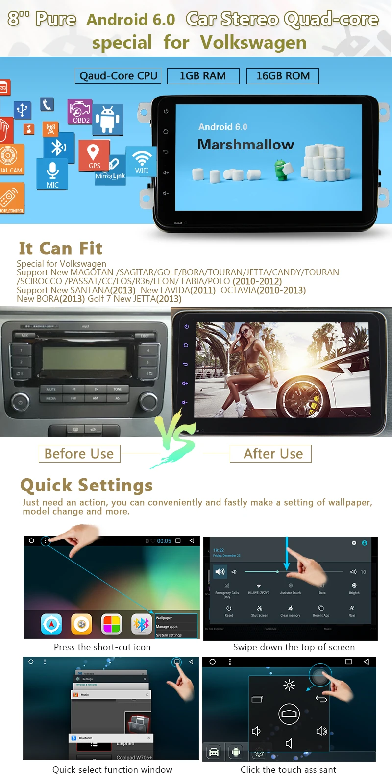 Sale for Volkswagen Android 6.0 Car Stereo with GPS Navigation 8