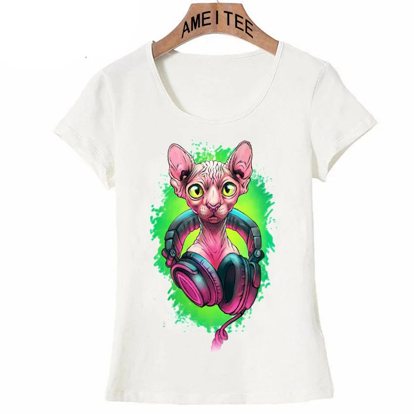 Новая летняя модная женская футболка Sphynx Cat Love Music Design с забавным принтом кота