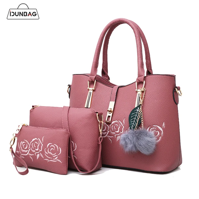 3Pcs Women Handbag Sets Embroidered Flower Ladies Handbags Floral PU Leather Shoulder Tote Bags