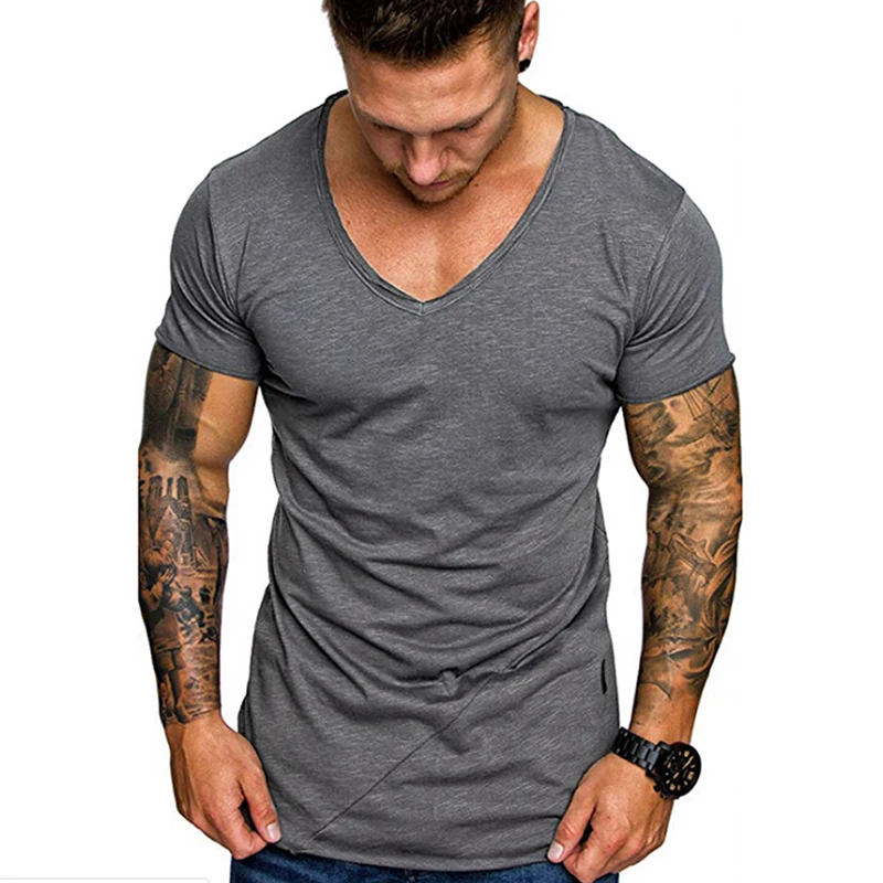 

Men's Summer Cotton V Neck Short Sleeve T Shirt Men Fashion Trends Fitness Tshirt Tops Tees