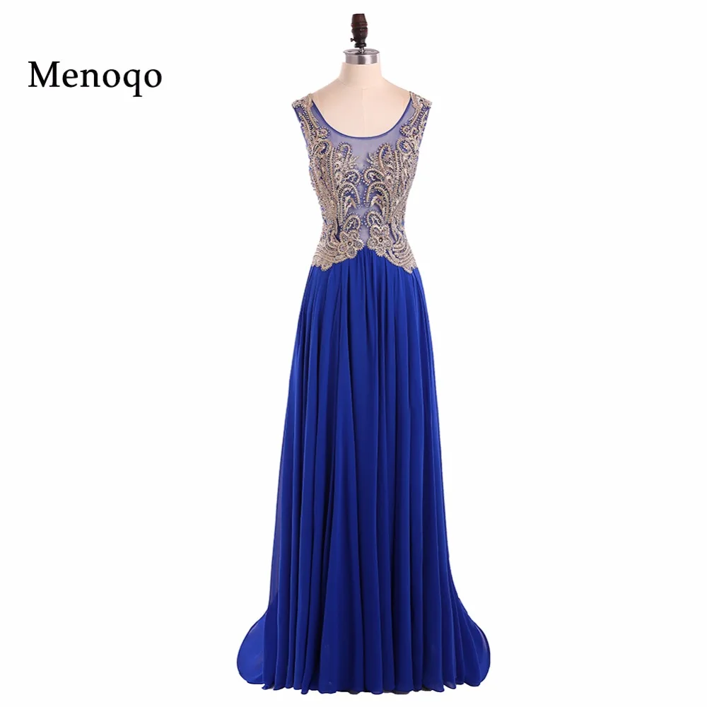 Menoqo 2018 Women Royal Blue Long Evening Dresses Appliques A Line
